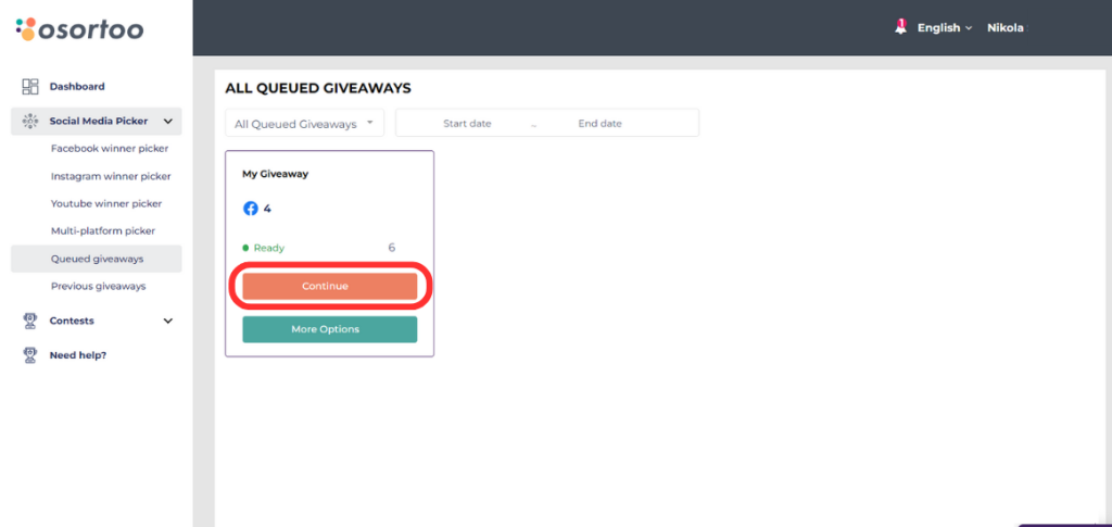 In Queued Giveaways click continue on your Giveaway