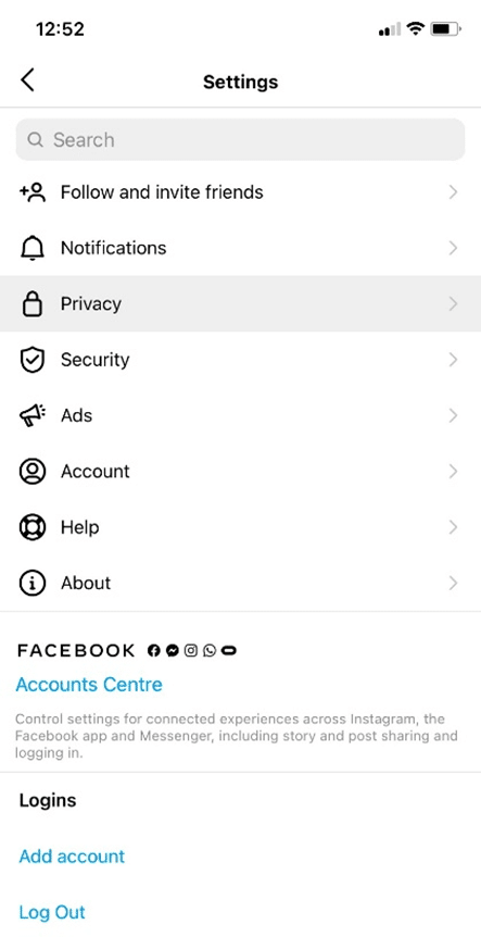 privacy settings ig menu
