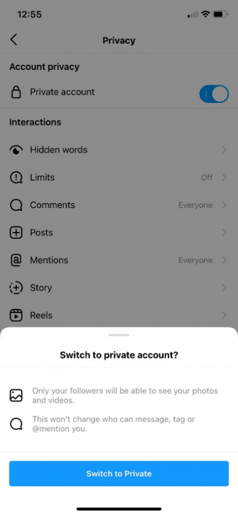 switch to private acc ig